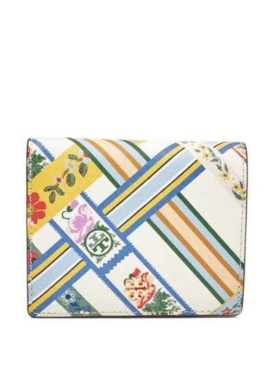 Pre-owned Tory Burch Ribbon-weave Print Bifold Wallet In White