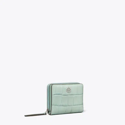 Tory Burch Robinson Croc-embossed Bi-fold Wallet In Blue Celadon
