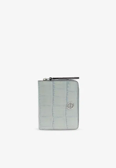 Tory Burch Robinson Croc-embossed Leather Wallet In Light Blue