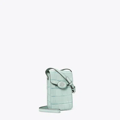 Tory Burch Robinson Croc-embossed Phone Crossbody In Blue Celadon