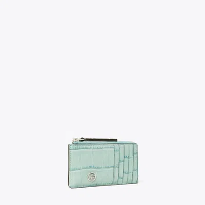 Tory Burch Robinson Croc-embossed Zip-top Card Case In Blue Celadon