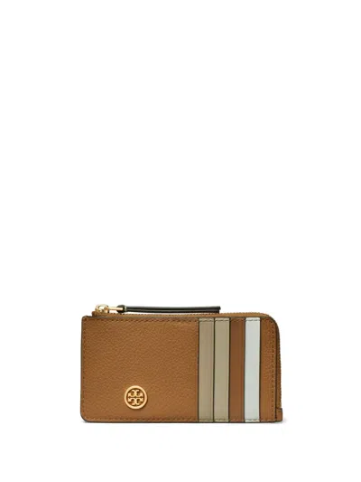 Tory Burch Robinson Double-t Leather Cardholder In Brown