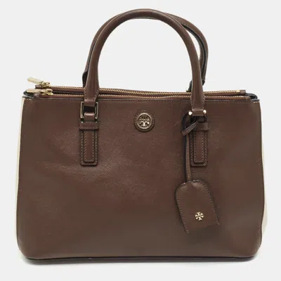 Pre-owned Tory Burch Robinson Double Zip Brown/off White Leather Tote