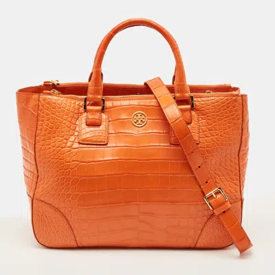Pre-owned Tory Burch Robinson Double Zip Large Orange Croc Embossed Leather Tote