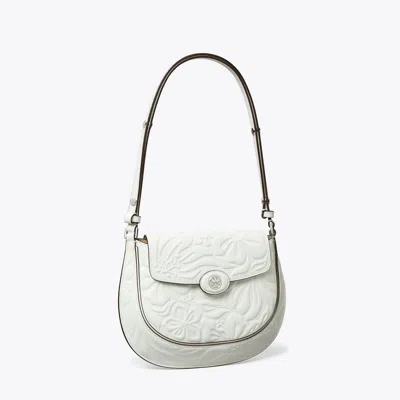 Tory Burch Robinson Floral Embossed Saddlebag In Blanc
