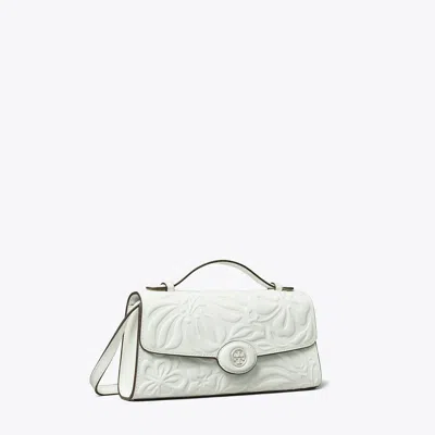 Tory Burch Robinson Floral Embossed Top-handle Chain Wallet In Blanc