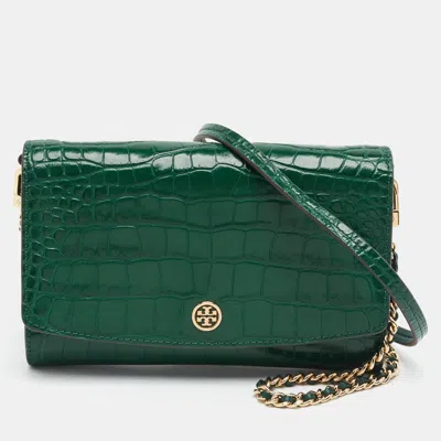 Pre-owned Tory Burch Robinson Green Croc Embossed Leather Wallet On Chain