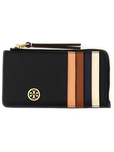 Tory Burch Robinson Leather Card Holder In Nero