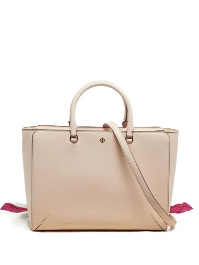 Pre-owned Tory Burch Robinson Leather Logo Tote Bag In Neutral