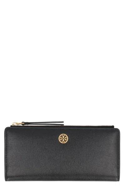 Tory Burch Robinson Pebbled Leather Zip Slim Wallet In Black
