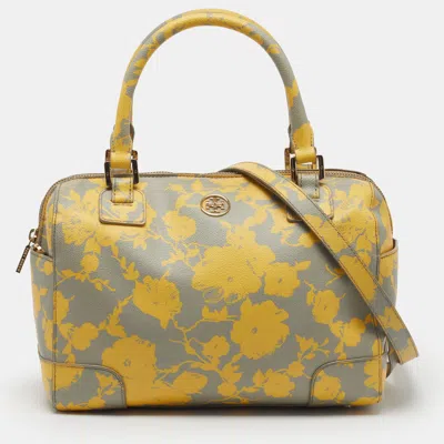 Pre-owned Tory Burch Robinson Middy Floral Print Yellow/grey Leather Satchel