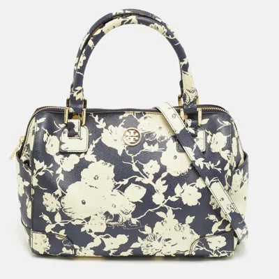 Pre-owned Tory Burch Robinson Navy Blue/cream Floral Print Coated Canvas Satchel