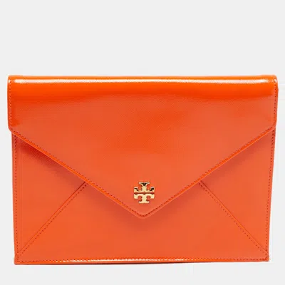 Pre-owned Tory Burch Robinson Orange Patent Leather Envelope Clutch