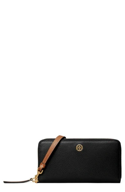 Tory Burch Robinson Pebble Leather Zip Around Continental Wallet In Black