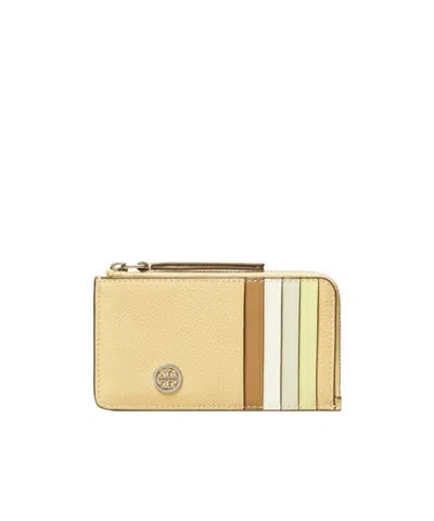 Tory Burch Robinson Pebbled Top-zip Card Case In Brown