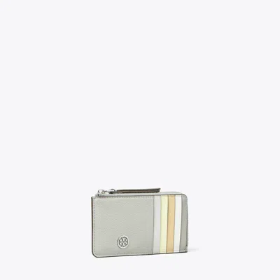 Tory Burch Robinson Pebbled Top-zip Card Case In Gray