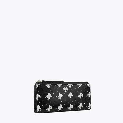 Tory Burch Robinson Printed Zip Slim Wallet In Black Tossed Bow