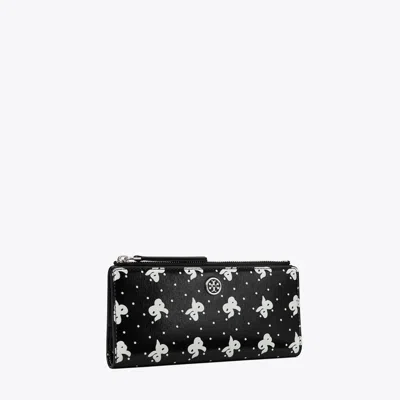 Tory Burch Robinson Printed Zip Slim Wallet In Black Tossed Bow