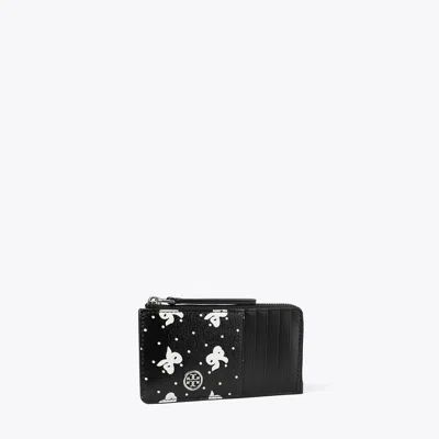 Tory Burch Robinson Printed Zip-top Card Case In Black Tossed Bow