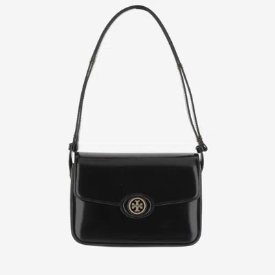 Tory Burch Robinson Shiny Leather Shoulder Bag In Black