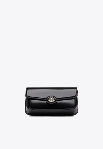 Tory Burch Robinson Spazzolato Patent Leather Shoulder Bag In Black