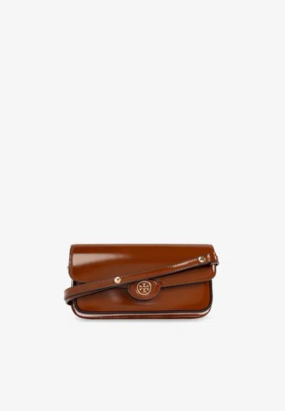 Tory Burch Robinson Spazzolato Rectangular Crossbody Bag In Brown