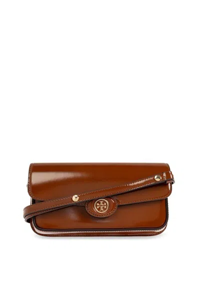 Tory Burch Robinson Spazzolato Rectangular Shoulder Bag In Brown