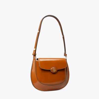 Tory Burch Robinson Spazzolato Small Flap Bag In Dark Sienna