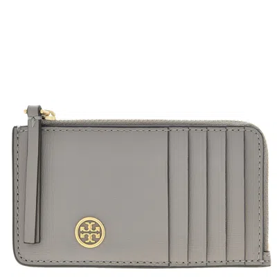 Tory Burch Robinson Top-zip Leather Card Case In Gray