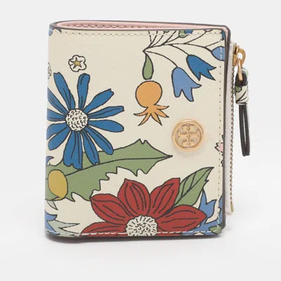 Pre-owned Tory Burch Robinson White/multicolor Floral Print Leather Compact Wallet
