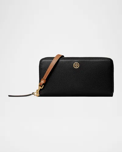 Tory Burch Robinson Zip Leather Continental Wallet In Black
