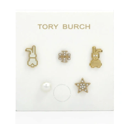 Tory Burch Rolled Gold/new Ivory Lucky Water Rabbit 5 Pc Earring Set In White/gold Tone