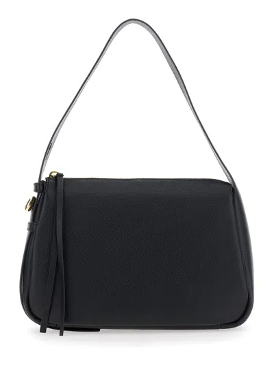 Tory Burch Romy Black Shoulder Bag With Adjustable Shoulder Strap In Grained Leather Woman