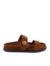 Tory Burch Romy Brown Sandals With Logo Plaque On The Front In Suede Woman In Brown