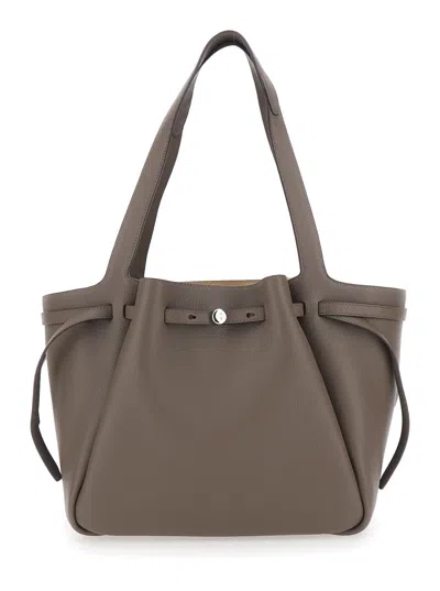 Tory Burch Romy Brown Tote Bag With Adjustable Drawstring Closure And Logo Detail On The Front In Grained Leath