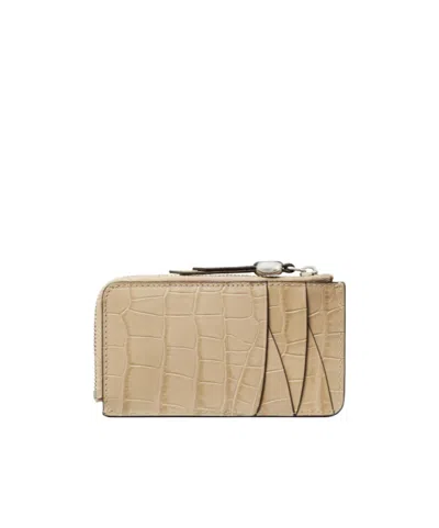 Tory Burch Romy Croc-embossed Zip Card Case In Nude