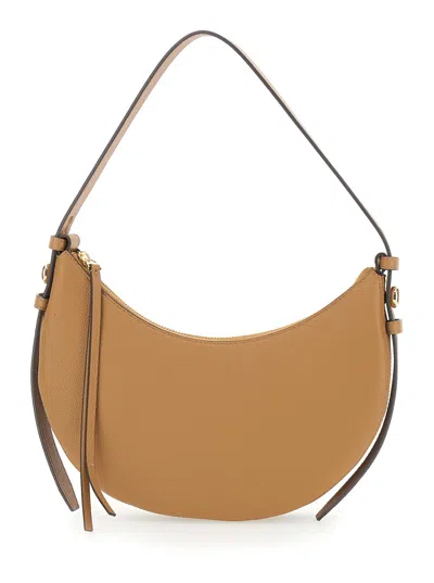 Tory Burch Romy Half Moon Brown Shoulder Bag With Adjustable And Removable Shoulder Strap In Grained Leather Wo