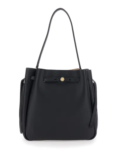 Tory Burch Romy Large Black Shoulder Bag With Adjustable Drawstring Closure And Logo Detail On The Front In Ham