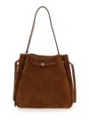 Tory Burch Romy Large Brown Shoulder Bag With Adjustable Drawstring Closure And Logo Detail On The Front In Sue In Brown