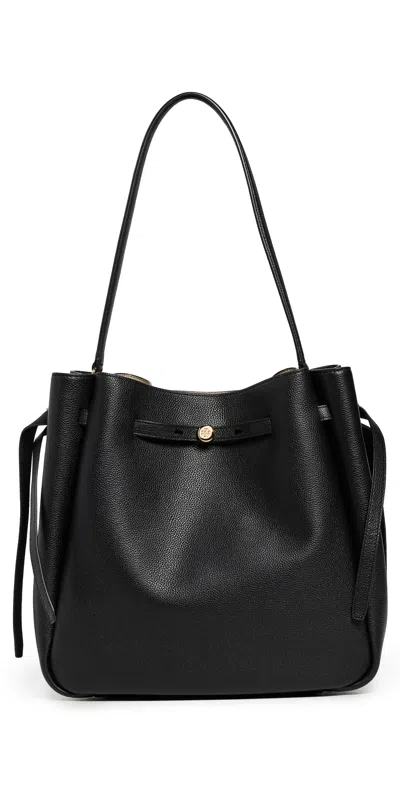 Tory Burch Romy Large Black Shoulder Bag With Adjustable Drawstring Closure And Logo Detail On The Front In Ham