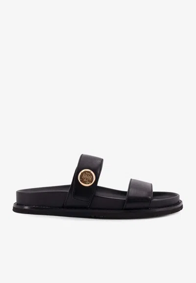 Tory Burch Romy Leather Double Strap Slide Sandals In Black