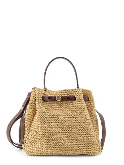 Tory Burch Romy Raffia And Leather Bucket Bag In Brown