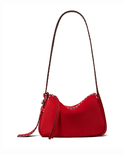 Tory Burch Romy Small Pick Stitch Suede Shoulder Bag In Red