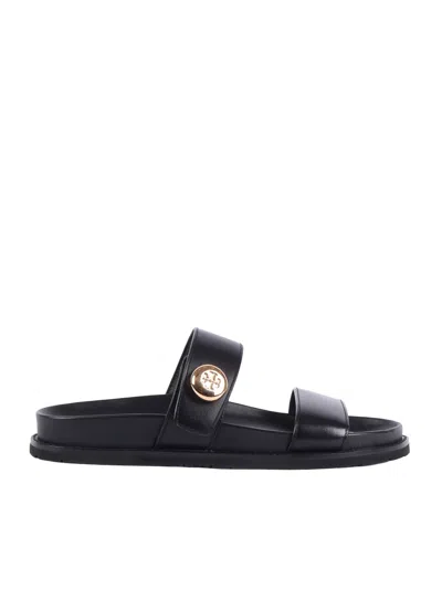 Tory Burch Romy Leather Double Strap Slide Sandals In Black