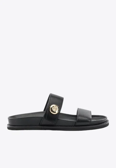 Tory Burch Romy Leather Double Strap Slide Sandals In Black