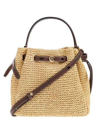 Tory Burch Romy Straw Bucket Bag In Nude