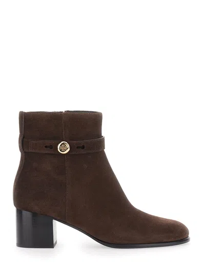 Tory Burch Romy Suede Ankle Boots With Medium Heel And Side Logo Plate In Brown