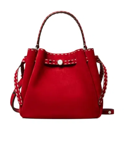 Tory Burch Romy Suede Pick Stitch Bucket Bag In Red