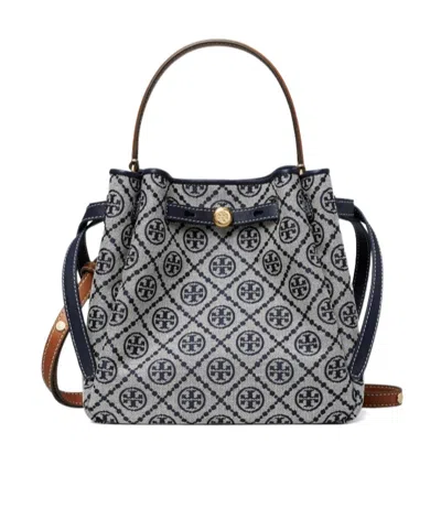 Tory Burch Romy T Monogram Bucket Bag In Blue