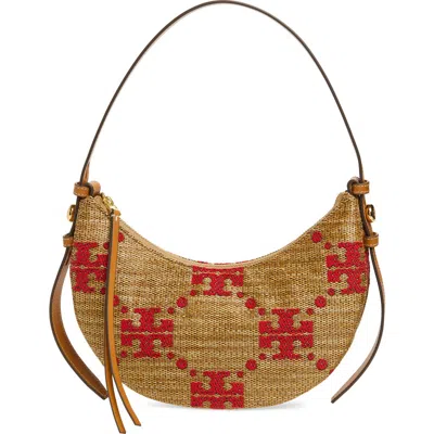 Tory Burch Romy T Monogram Straw Half Moon Shoulder Bag In Brown